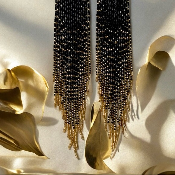 Dramatic Black and Gold Hand Beaded Cascade Earrings - Picture 5 of 16